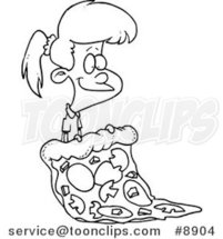 Cartoon Black and White Line Drawing of a Girl with a Giant Pizza Slice by Toonaday