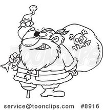 Cartoon Black and White Line Drawing of a Santa Pirate by Toonaday