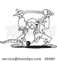 Cartoon Black and White Line Drawing of a Pirate Rat by Toonaday