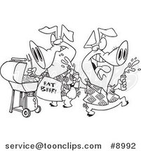 Cartoon Black and White Line Drawing of Happy Pigs at a BBQ by Toonaday