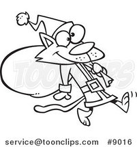 Cartoon Black and White Line Drawing of a Santa Cat Carrying a Sack by Toonaday