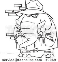 Cartoon Black and White Line Drawing of a Detective Elephant by Toonaday