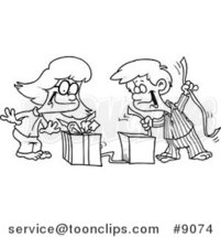 Cartoon Black and White Line Drawing of a Boy and Girl Opening Christmas Gifts by Toonaday