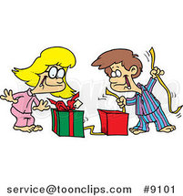 Cartoon Boy and Girl Opening Christmas Gifts by Toonaday