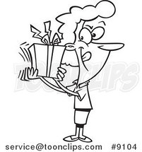 Cartoon Black and White Line Drawing of a Lady Shaking Her Gift by Toonaday