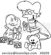 Cartoon Black and White Line Drawing of a Mom Playing Patty Cake with Her Baby by Toonaday