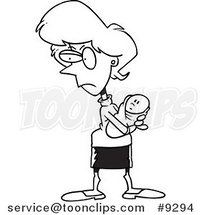 Cartoon Black and White Line Drawing of a Protective Mother by Toonaday