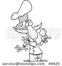 Cartoon Black and White Line Drawing of a Chef Holding a Chicken Drumstick by Toonaday