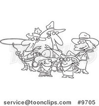 Cartoon Black and White Line Drawing of a Western Cowboy Family by Toonaday