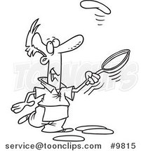Cartoon Black and White Line Drawing of a Guy Learning to Flip Pancakes by Toonaday