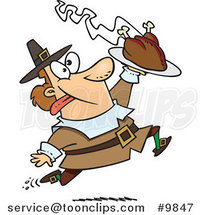 Cartoon Goofy Pilgrim Carrying a Hot Turkey by Toonaday